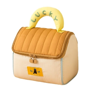 Quilted corduroy house-shaped makeup bag with cat patch and top handle for travel