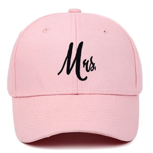 Pink cotton baseball cap featuring black Mrs. embroidery and curved brim for women
