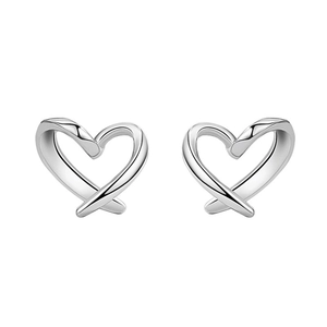 Minimalist S999 sterling silver hollow heart stud earrings with elegant crossed design