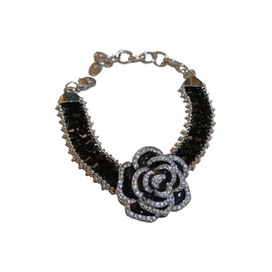 Gothic dark style flower bracelet with black crystals and adjustable silver chain