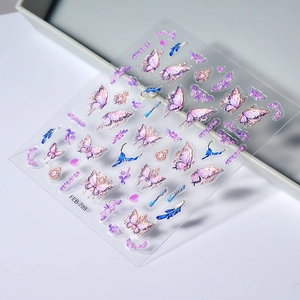 5D embossed butterfly nail stickers with purple gradients and vine patterns, FEB-789