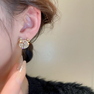 Elegant gold deer antler stud earrings with Fu character and sparkling zircons