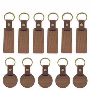 Minimalist Wood Keychain With Leather Strap Walnut Beech Wood Rectangular Round Wooden Keyring Bronze Metal Ring For Men Women Gift