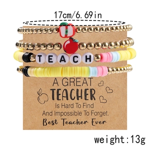 Set of four teacher bracelets featuring TEACH letter beads and red apple charm