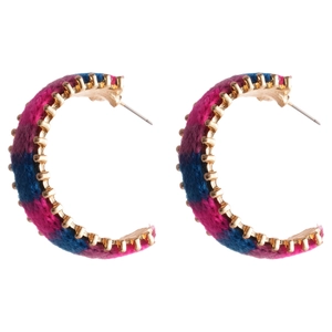 Bohemian C-shaped hoop earrings with colorful hand-woven yarn and golden alloy details