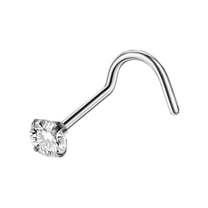 Polished G23 titanium nose stud featuring a clear round cubic zirconia on white background