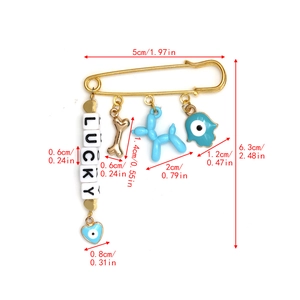 Detailed size specifications for gold safety pin brooch with lucky charms and evil eye