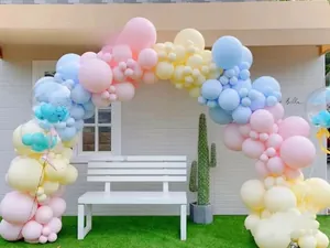 Pastel macaron balloon arch with pink and blue balloons for birthday party decoration