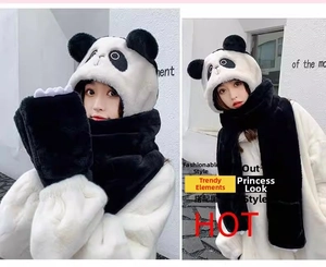 Detailed view of the plush panda 3-in-1 hat scarf and gloves combo in soft faux fur