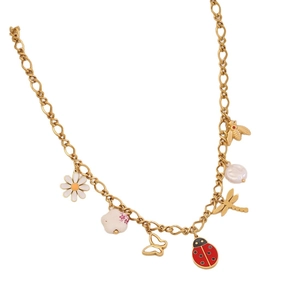 Golden stainless steel necklace with daisy, butterfly, ladybug, bee, and pearl charms