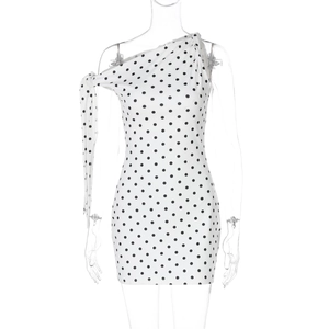 Detail of slim-fit polka dot mini dress with one-shoulder design and waist ties