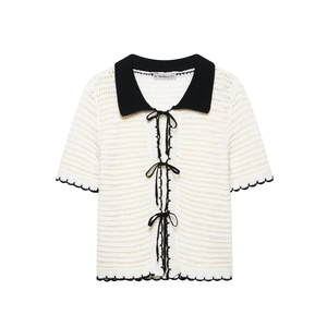 Women Hollow Out Knit Cardigan Short Sleeve Polo Collar Contrast Black Trim Bow Tie Front Retro Crochet Top