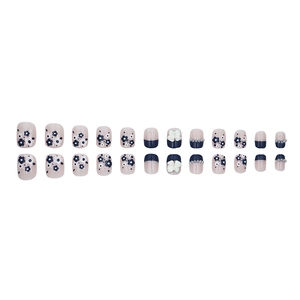 Short square deep blue press-on nails with white 3D bows and pearl accents set