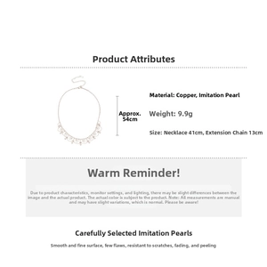 Detailed view of pearl tassel necklace specs showing 54cm total length and copper material