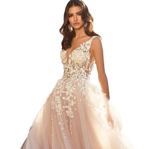 Elegant sleeveless A-line wedding dress with deep V-neck and 3D floral lace appliques