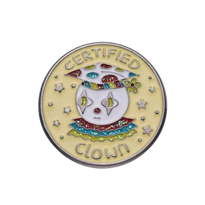 Certified Clown enamel badge with colorful glitter details and metal engraving
