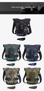 Detail showing five colors of tactical nylon leg bags with zippers and buckles