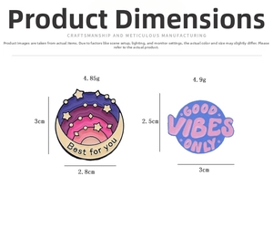 Detailed size chart showing dimensions and weight for round enamel quote badges