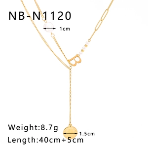 Detail view of double-layer gold necklace with B-letter and pearl charm dimensions