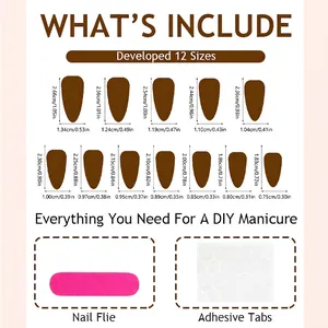Size guide for almond press-on nails set with 12 pieces, nail file and jelly glue kit