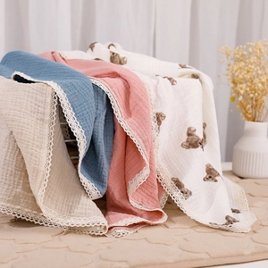 Soft Cotton Muslin Baby Blanket Lace Trim Bear Print Swaddle Wrap Stroller Cover Bath Towel Nursing Toddler Bedding Gift