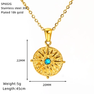 Detail of 18k gold plated 304 stainless steel sunburst necklace with turquoise stone