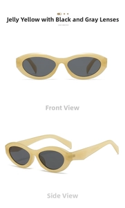 Detailed front and side views of jelly yellow oval cat-eye sunglasses with grey lenses