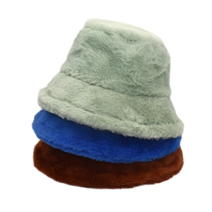 Faux rabbit fur bucket hat for winter in light green, royal blue, and brown red