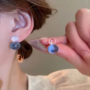 S925 silver needle translucent double ball stud earrings in blue and clear finish