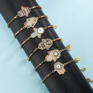 Hamsa Hand Evil Eye Bracelet Gold Plated Copper Zircon Colorful Adjustable Slider Chain Jewelry For Women Fashion Gift