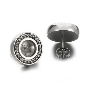 Polished silver stainless steel round stud earrings with twisted textured edge