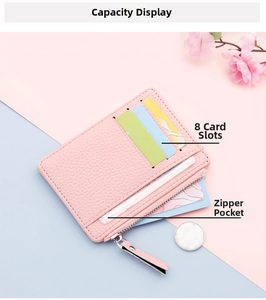 Pink ultra-slim wallet detail with 8 card slots and a zipper coin pocket on lychee PU leather