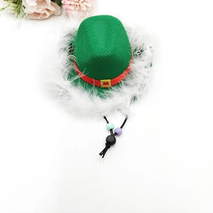 Détail d'un chapeau de cowboy vert pour animaux avec ruban rouge et bordure en plumes