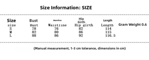 Size chart detail for knit tube dress showing bust, waist, and length measurements in cm
