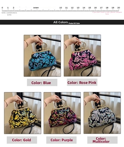 Detailed view of five sequined shell evening bags in blue, pink, gold, purple, and rainbow