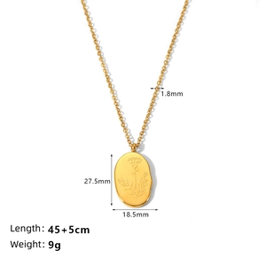 Minimalist 18K gold stainless steel necklace with oval floral birth flower pendant