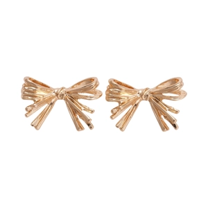 Minimalist gold bow stud earrings with realistic silk-like metallic texture and ribbon design