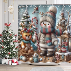 Detailed view of Christmas shower curtain featuring cartoon snowman and festive ornaments