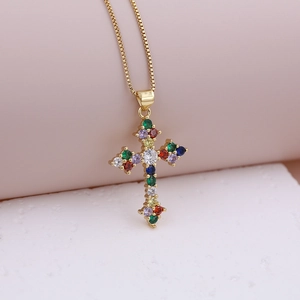 Vintage bohemian gold cross pendant necklace with colorful cubic zirconia inlay