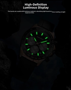 Macro view of luminous watch hands and markers glowing green on a black chronograph dial