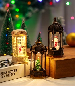 Detail of Christmas lantern featuring miniature snowman and tree with LED glowing lights