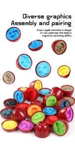 Close-up of apple-shaped educational puzzle eggs with colorful shape-matching interiors