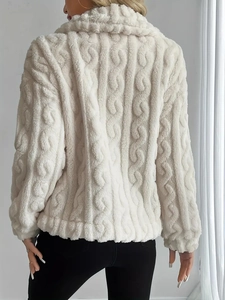 White double-sided plush cable knit jacket with back view of a soft relaxed fit cardigan
