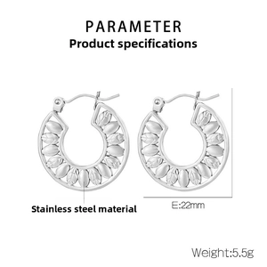Detailed view of silver stainless steel 22mm hoop earrings with hollow leaf pattern