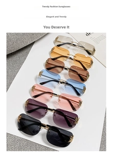 Detailed view of rimless square sunglasses with elegant gold butterfly metal accents