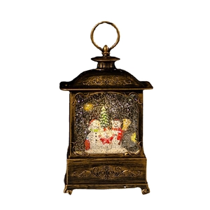 Vintage bronze Christmas lantern with snowmen family and pine tree scene decoration