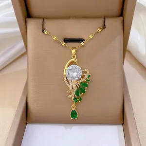 Titanium steel peacock necklace with green gemstones and zircons on gold plating