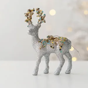 Detailed view of 13cm silver glitter reindeer ornament with colorful sequins for Christmas