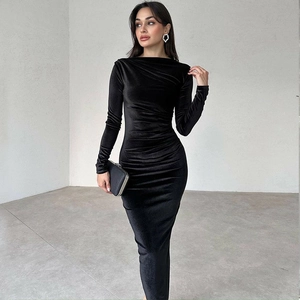 Elegant slim fit black velvet maxi dress with long sleeves and pleated waist detail