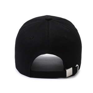 Rear view of minimalist black cotton baseball cap with adjustable metal buckle strap